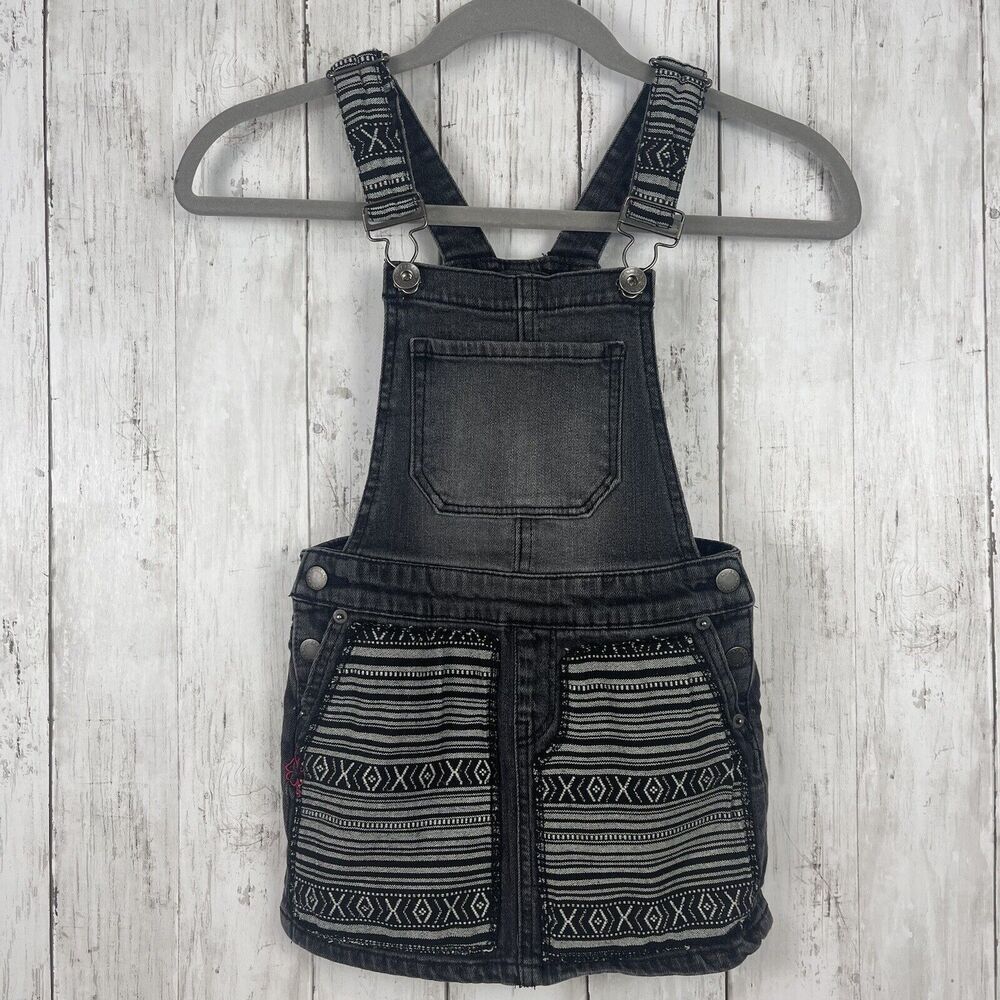 Lucky Brand Bib Overall Dress GIrls Size 6 Black Fade Aztec‎ Inlay Southwestern